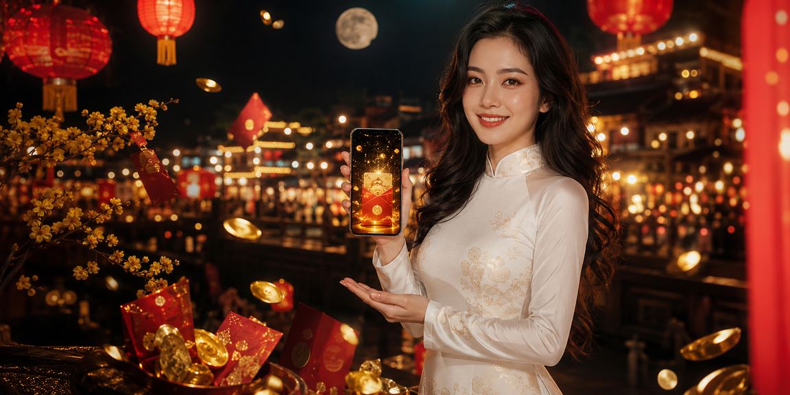 Người dùng Việt Nam mặc áo dài kiểm tra kết quả xổ số và nhận thưởng trên điện thoại